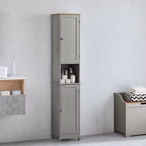 Bath Vida Priano Grey Modern Freestanding Bathroom Tallboy Storage Cabinet with 2 Hinged Doors and Internal Shelves, H 170 x W 32 x D 30 cm