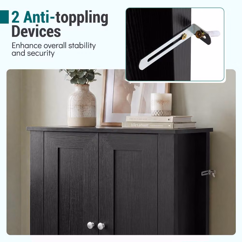 Costway Modern Black Wooden Bathroom Floor Storage Cabinet with Double Hinged Doors – 7