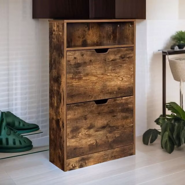 Furnold Rustic Brown 2 Drawer Shoe Storage Cabinet with Tilting Compartments and Open Shelf