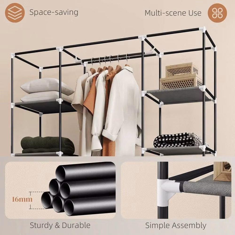 SPETLEK Grey Fabric Wardrobe with 10 Shelves and Hanging Rod, Foldable Metal Closet, H 162.5 cm x W 150 cm x D 60 cm – 4