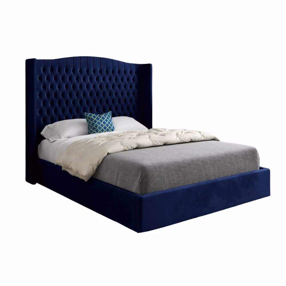 Casani Rowledge Winged Upholstered Blue Velvet Designer Bed Frame W/D/H: 137 x 120 x 200 cm – 2