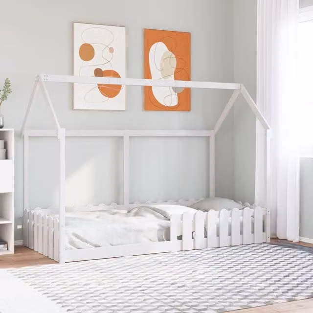 Berkfield Home Kids House Bed Frame in White Solid Pine, W/D/H: 90 x 190 cm