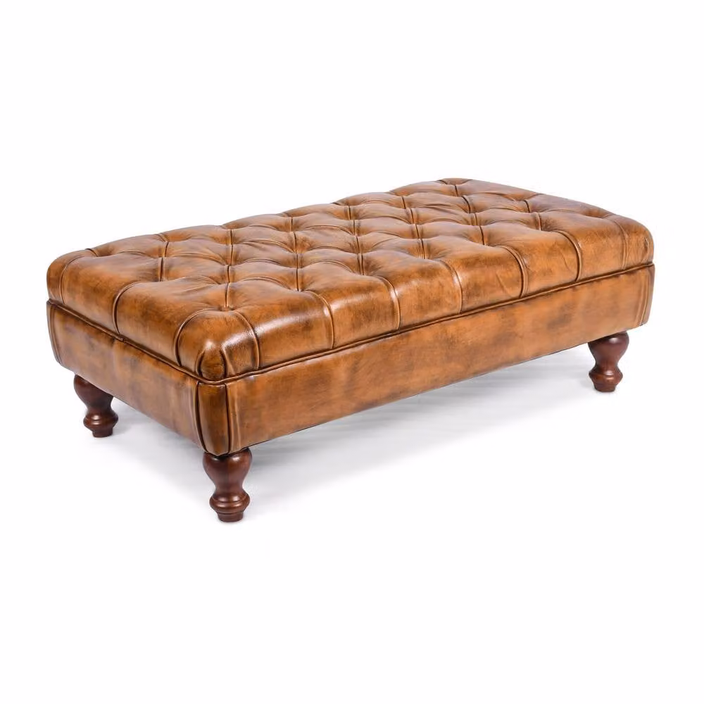 Elm Home And Garden Genuine Real Leather Buttoned Rectangular Footstool Ottoman in Brown Tan – 2