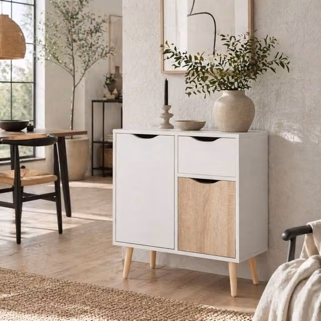 Wyld Haus Roke Levi Sideboard with 1 Drawer and 2 Doors in Brown and White MDF with Wooden Legs – 1