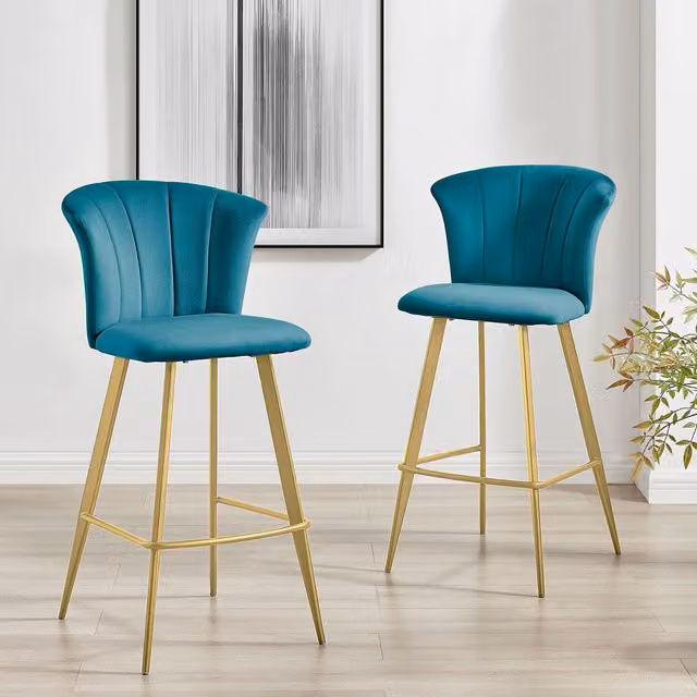 FurnitureboxUK Set of 2 Juniper Blue Velvet Breakfast Bar Stools with Gold Legs