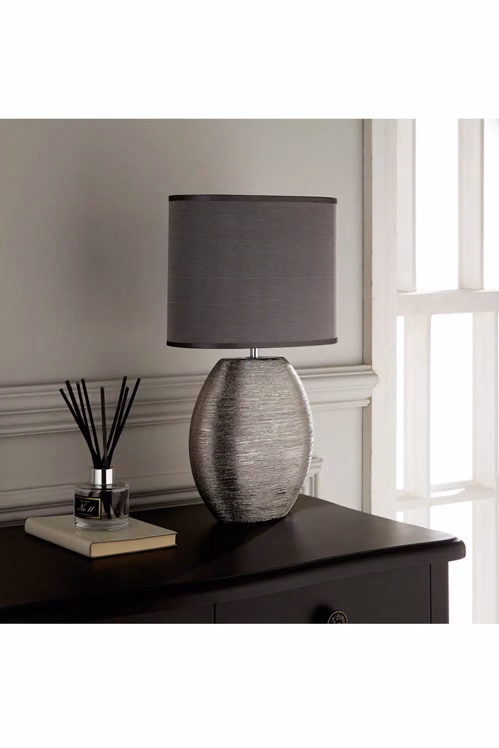 K LIVING Waltham Brushed Silver Ceramic Table Lamp with Grey Fabric Shade – 2