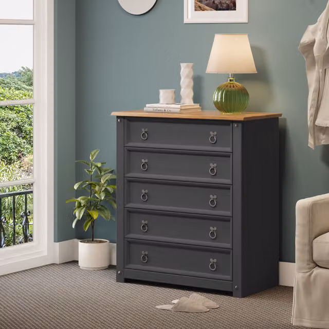 Mercers Furniture Corona Small 5 Drawer Chest of Drawers in Solid Pine with Distressed Charcoal Wax Finish