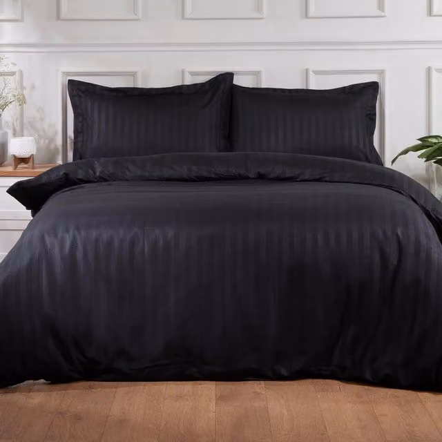 Brentfords Reversible Satin Stripe Microfibre Duvet Cover and Pillowcase Set, Black, W: 180 cm x L: 200 cm