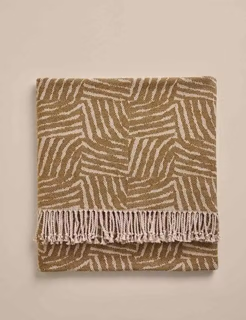 M&S Geometric Woven Cotton Rich Throw in Green and Brown