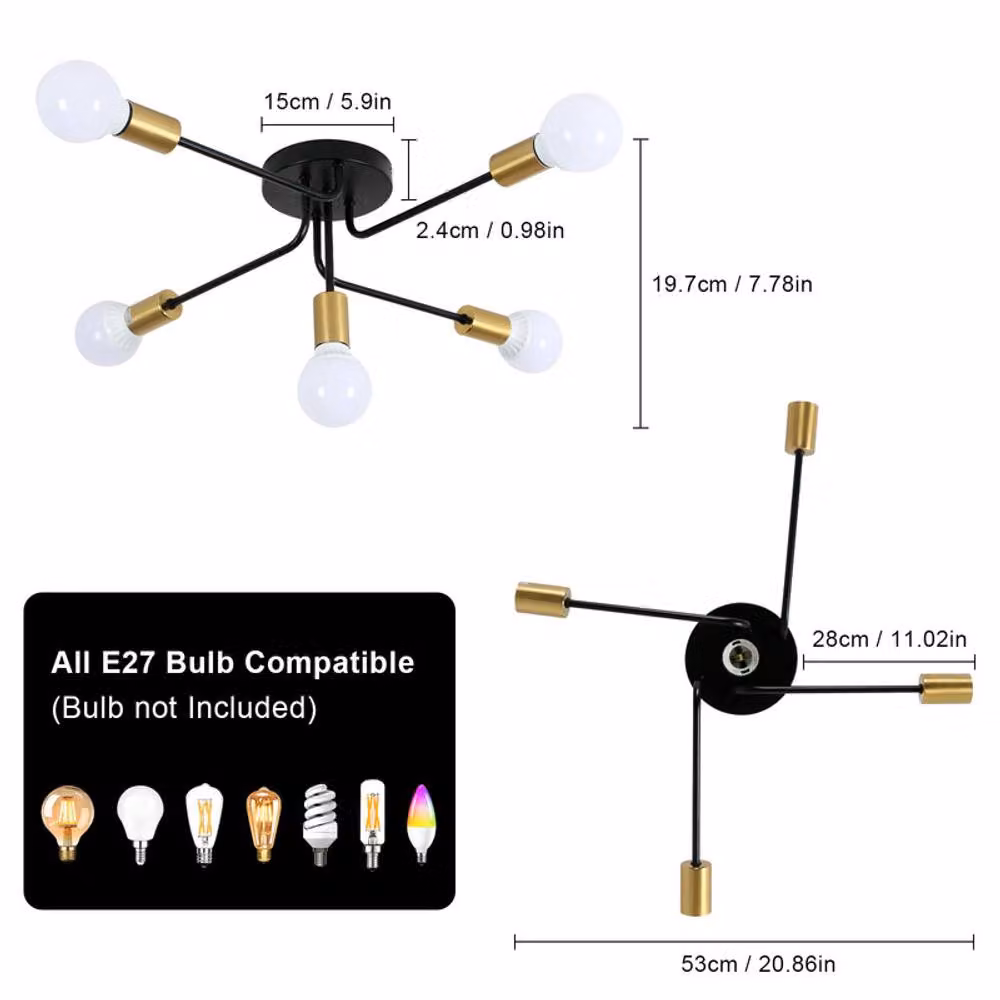 COMELY Sputnik Vintage Semi Flush Ceiling Light with 5 E27 Sockets in Black and Gold/Brass – 2