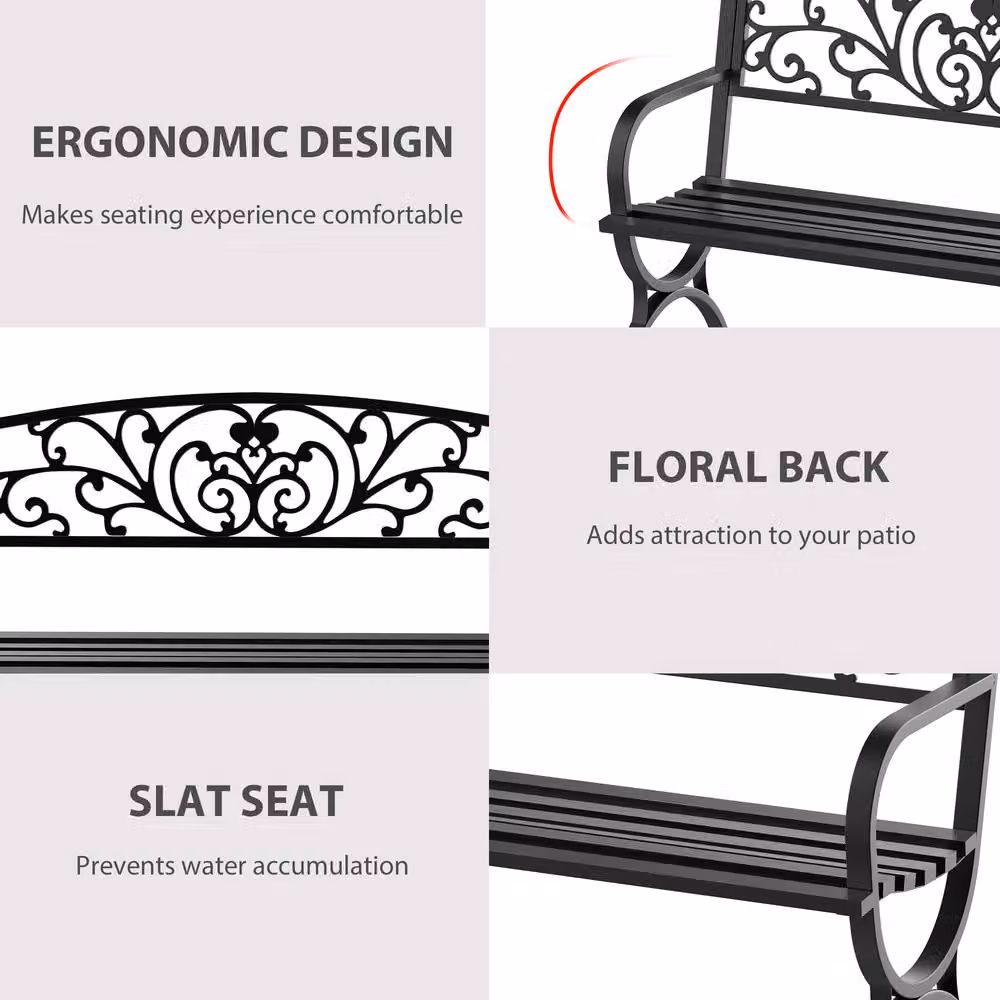 OUTSUNNY 2 Seater Vintage Metal Garden Bench in Matt Black with Floral Detail – 4