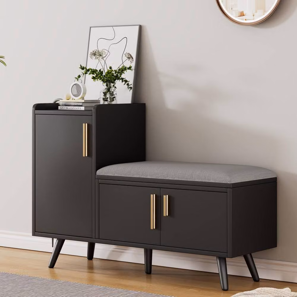ModernLuxe Black Shoe Storage Bench with Metal Handles and Adjustable Shelves – 2