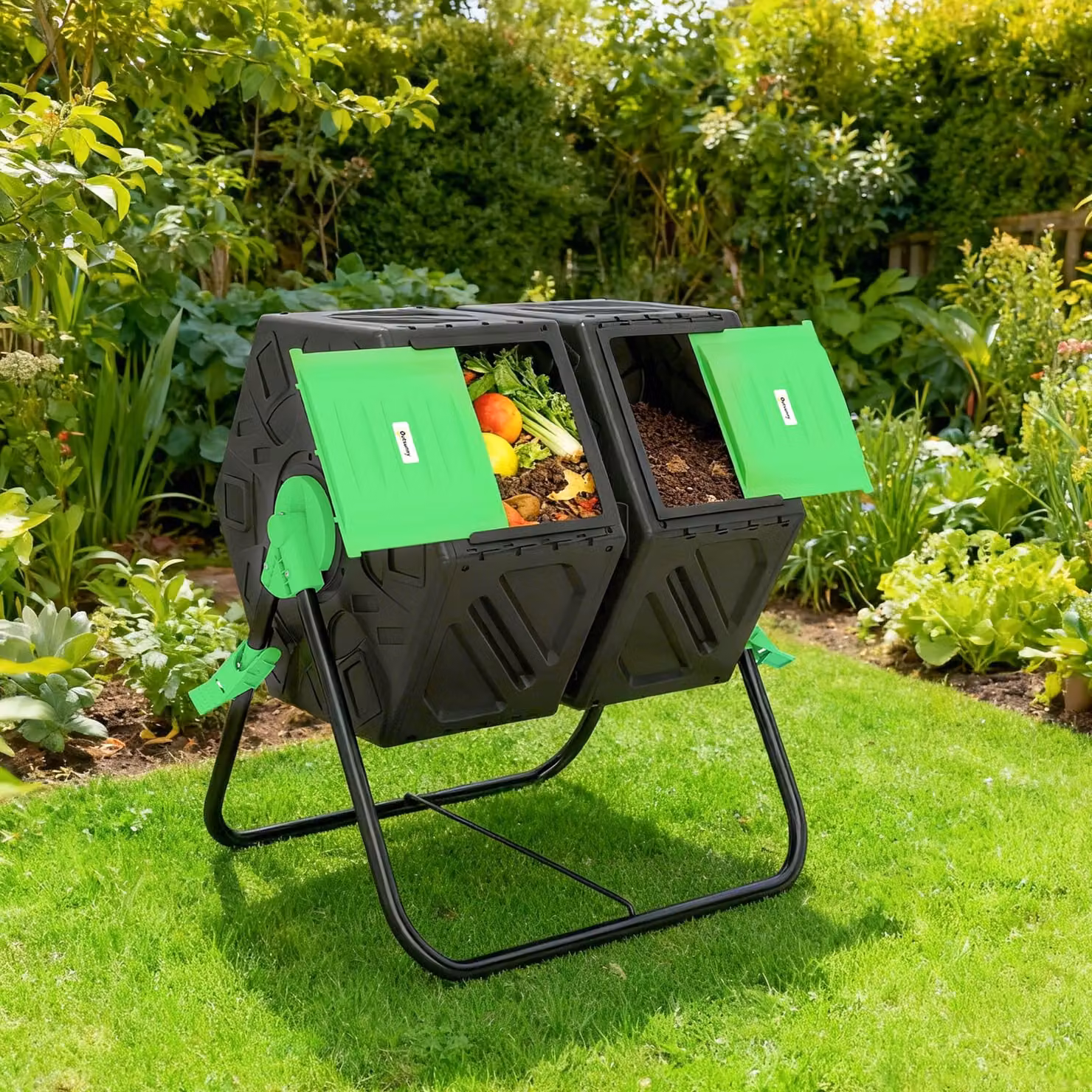 Outsunny Dual Chamber Rotating Garden Compost Bin, 130L, Green – 7