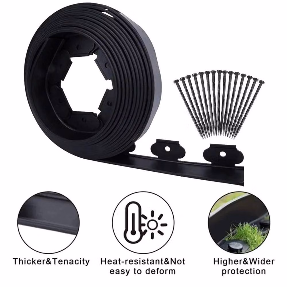 FLAVORA Heavy Duty Plastic Lawn Edging Border in Black with 50 Pegs, W: 100 cm, H: 15 cm – 3