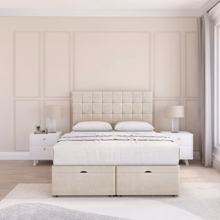 Sloomy Alabama King Size Ottoman Bed with 26 Inch Headboard and Sprung Memory Mattress in Beige