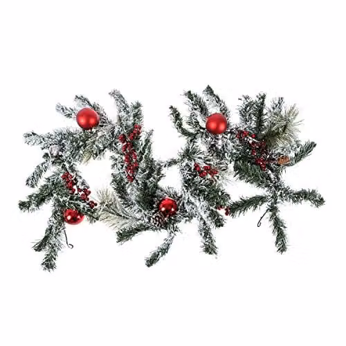 HOMESCAPES Frosted Christmas Garland with Red Baubles and Artificial Snow – 1