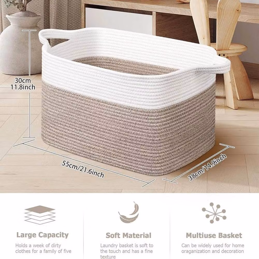 VOGREX Collapsible Cotton Rope Laundry Basket with Handles, White and Brown – 2