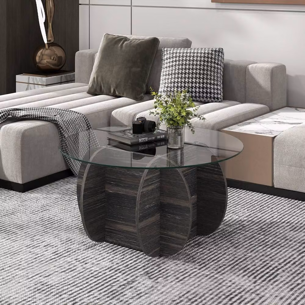 Gymax Round Coffee Table with Glass Top and Storage in Black, Diameter: 89 cm – 6