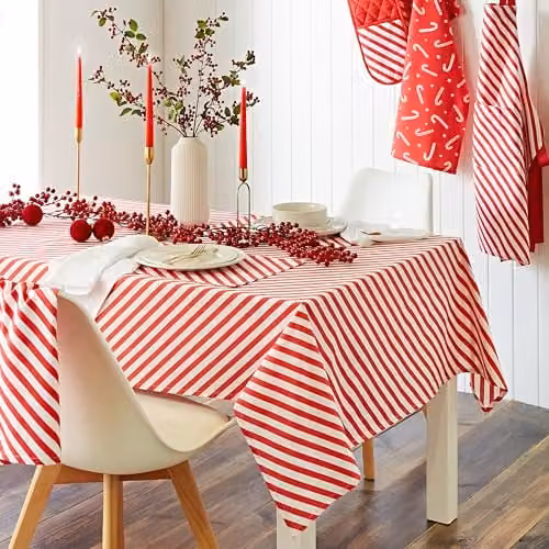 Catherine Lansfield Christmas Candy Cane Striped Coated Cotton Tablecloth in Red and White, W: 137 cm, L: 178 cm