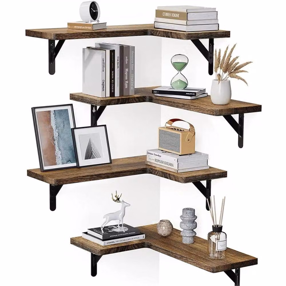 Nordara Brown 4-Piece Wooden Corner Floating Shelves Wall Mounted Display W: 120 cm, H: 90 cm – 5