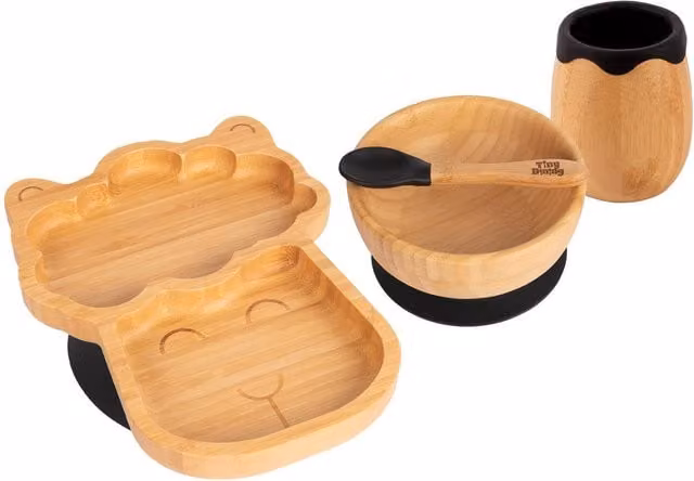 Tiny Dining Llama Bamboo and Silicone 4-Piece Baby Suction Feeding Set in Black and Brown