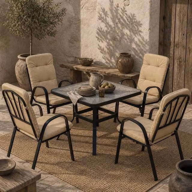 Wyld Haus Sukeco Luve 4 Seater Cream Square Outdoor Dining Set with Black Tempered Glass Table – 1