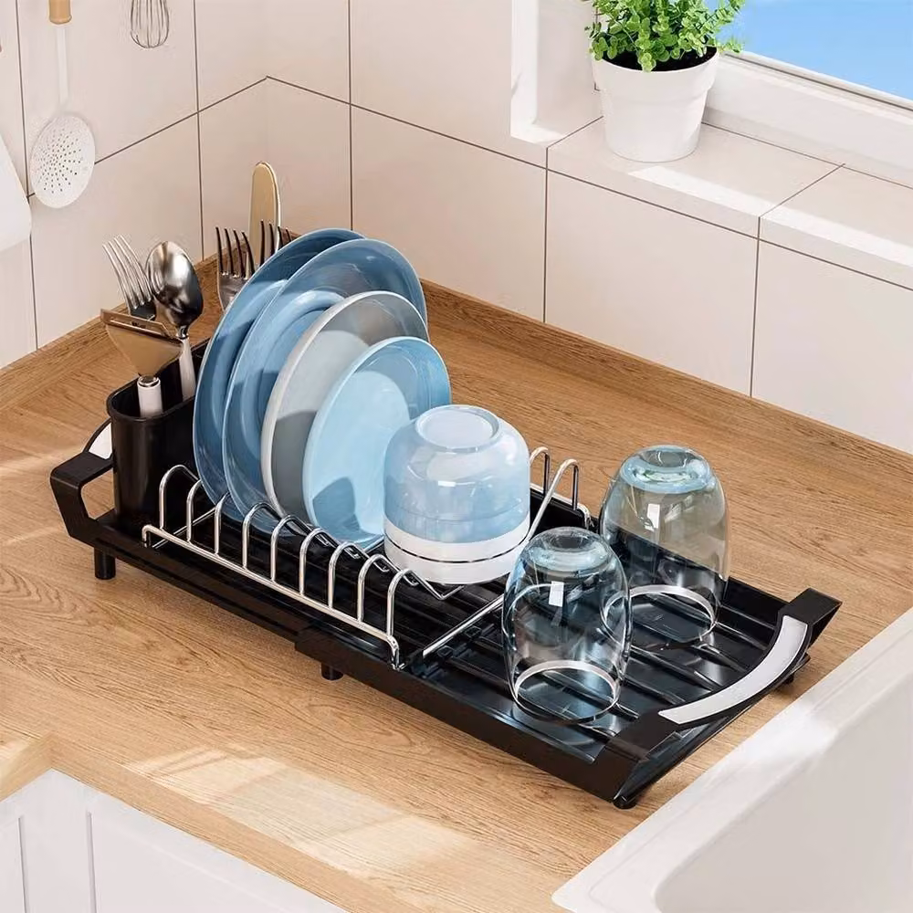 FLAVORA Black Expandable Small Dish Drying Rack with Cutlery Holder and Coated Steel Construction – 4