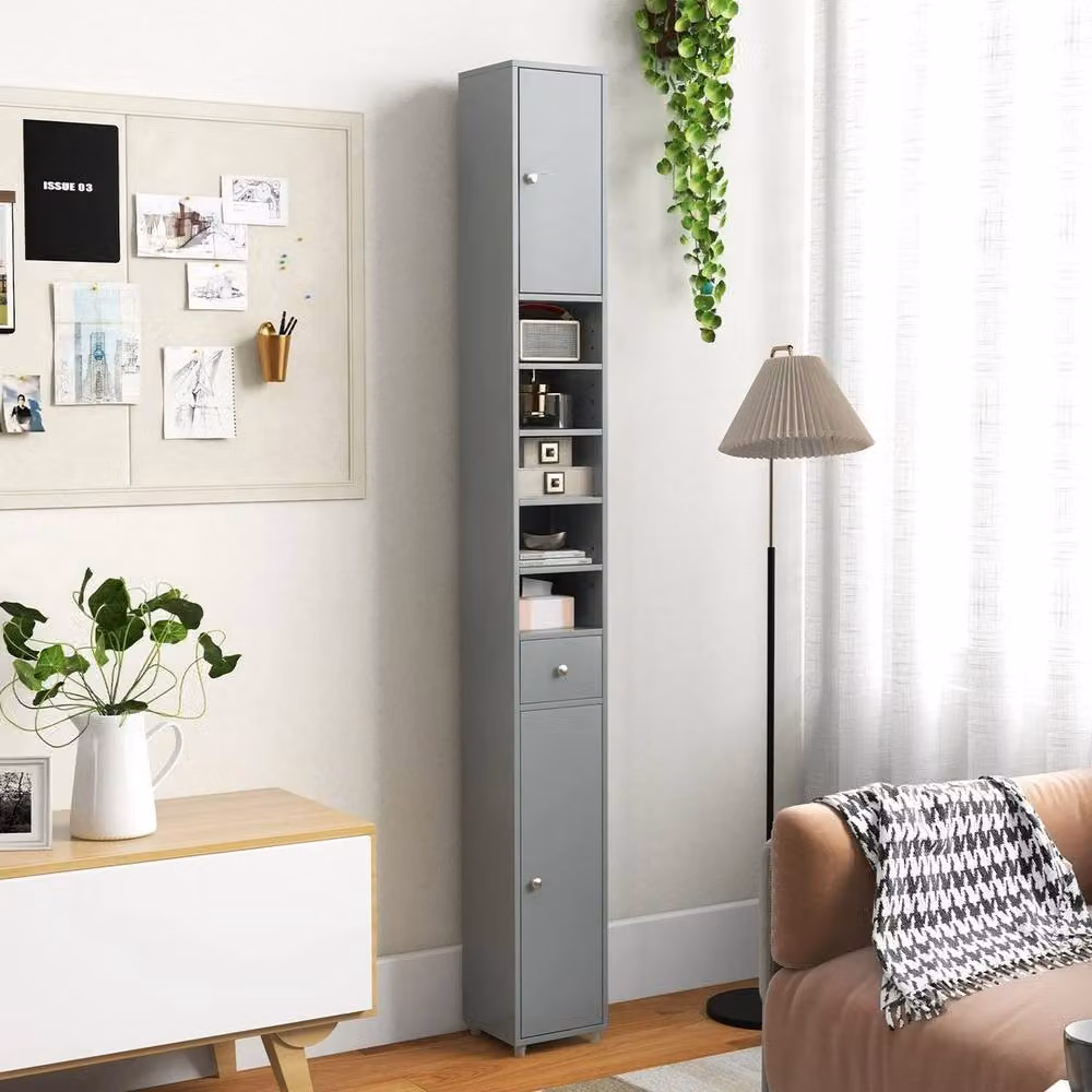 Kelvenix Grey Slim Freestanding Bathroom Tall Cabinet with Internal Shelves and Matt Finish – 3