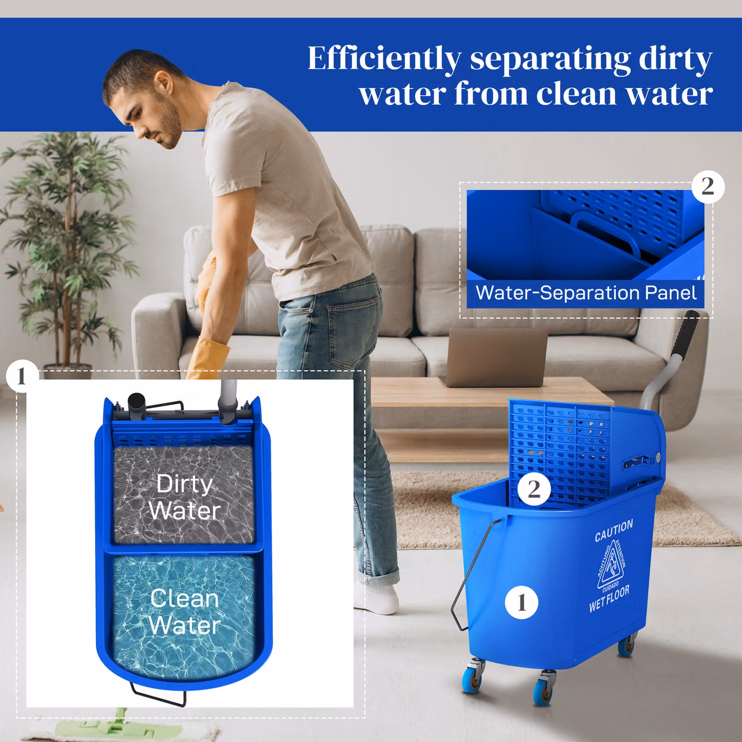 HOMCOM 20L Mop Bucket with Wringer and Handle in Blue – 4