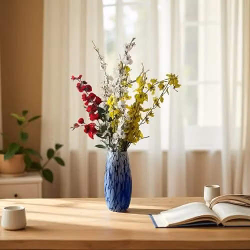 Simpa Modern Abstract Molten Glass Round Tabletop Flower Vase in Blue and White, H: 25 cm, W: 12 cm, D: 12 cm – 3