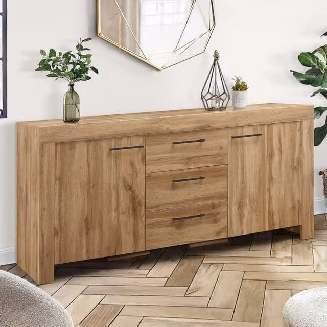 Birlea Compton Modern Oak Sideboard with 3 Drawers and 2 Doors in Brown and Black