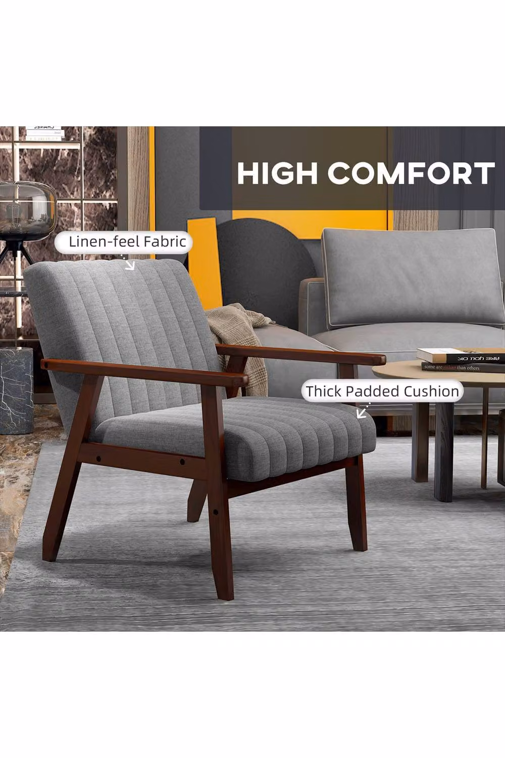 ERGOVEXA Mid Century Accent Chair in Grey Fabric with Armrests and Wood Details, W/D/H: 74.5 x 75.5 x 120 cm – 3