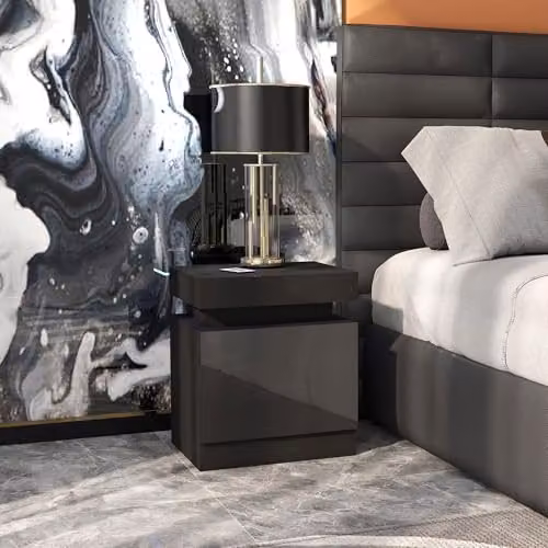 HOMCOM Set of 2 Modern High Gloss Bedside Tables with Integrated LED Lighting in Black – 8