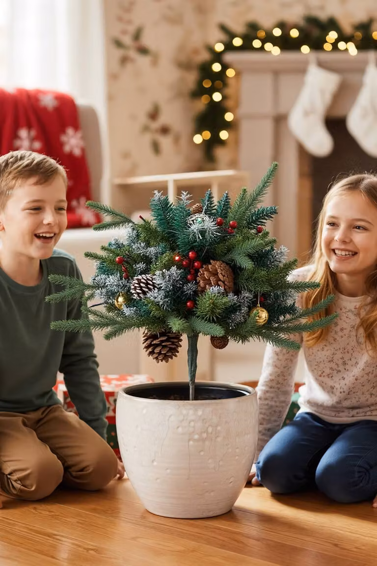 Living and Home Pre-Lit Artificial Christmas Planter Bushes in Green, White and Multicolour, Pack of 2