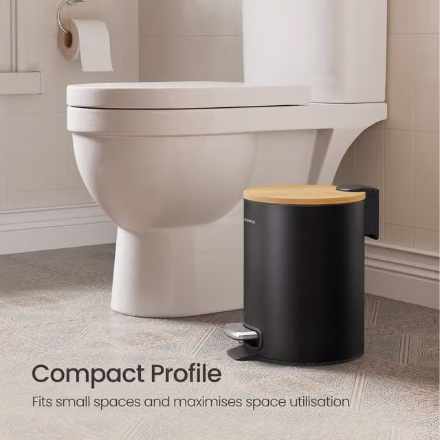 SONGMICS Pedal Rubbish Bin with Bamboo Lid and Removable Inner Bucket, 3 L, Black