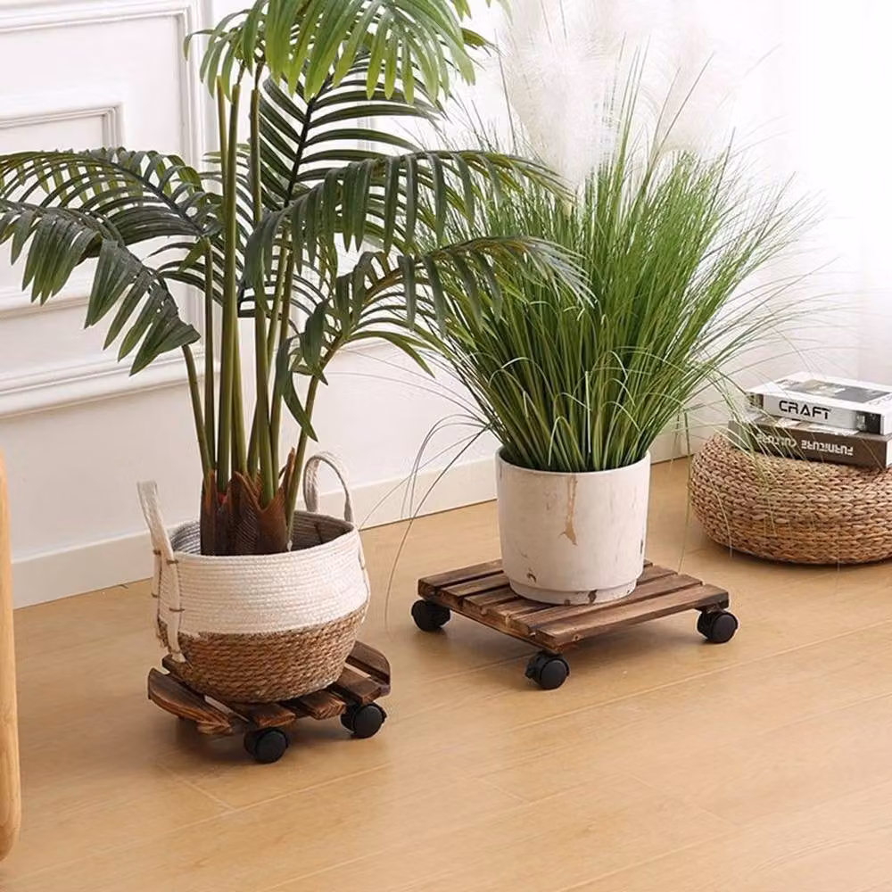 Kelvenix 2-Piece Wooden Plant Pot Holder Mover Trolley Stand in Brown, W: 100 cm x D: 52 cm – 2