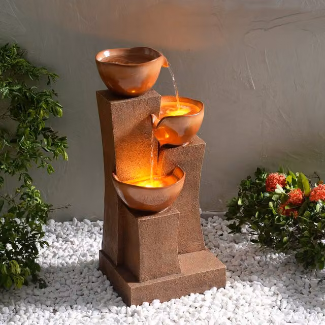 Teamson Home 3 Tier Cascading Round Outdoor Water Feature with LED Lights in Brown and Grey
