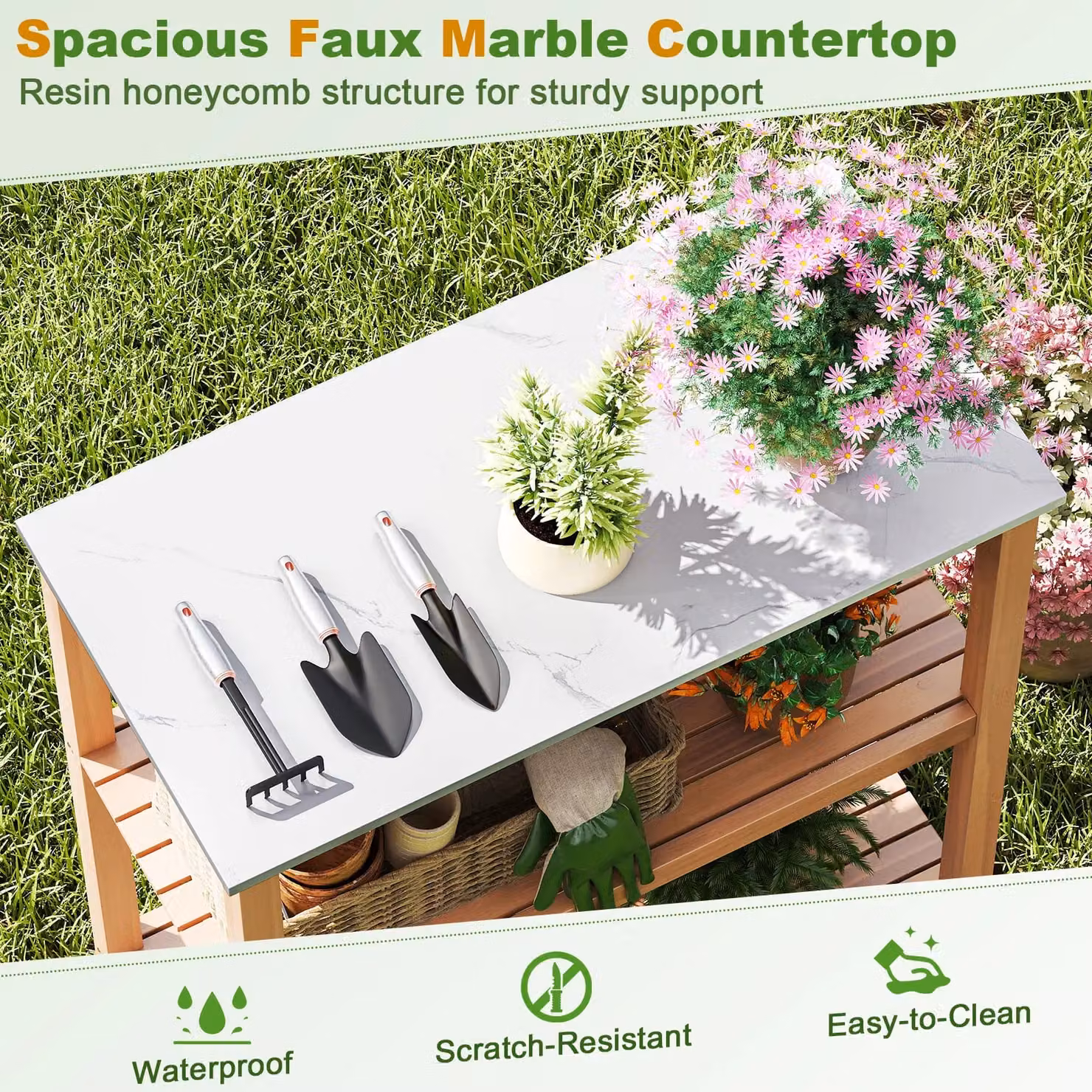 Gymax 3-Tier Acacia Wood Patio Garden Potting Bench Table in Beige – 3