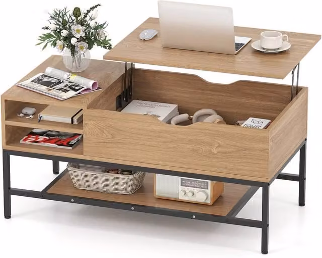 Costway Modern Rectangular Lift Top Coffee Table with Storage Shelf in Brown – 1