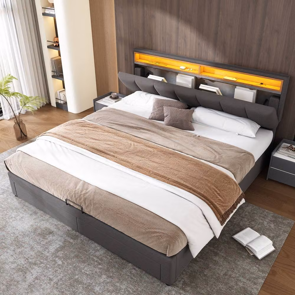Matteo Super King Upholstered Bed with LED Lighting and Lift Up Base in Grey Linen, W/D/H: 180 x 200 x 102 cm – 7