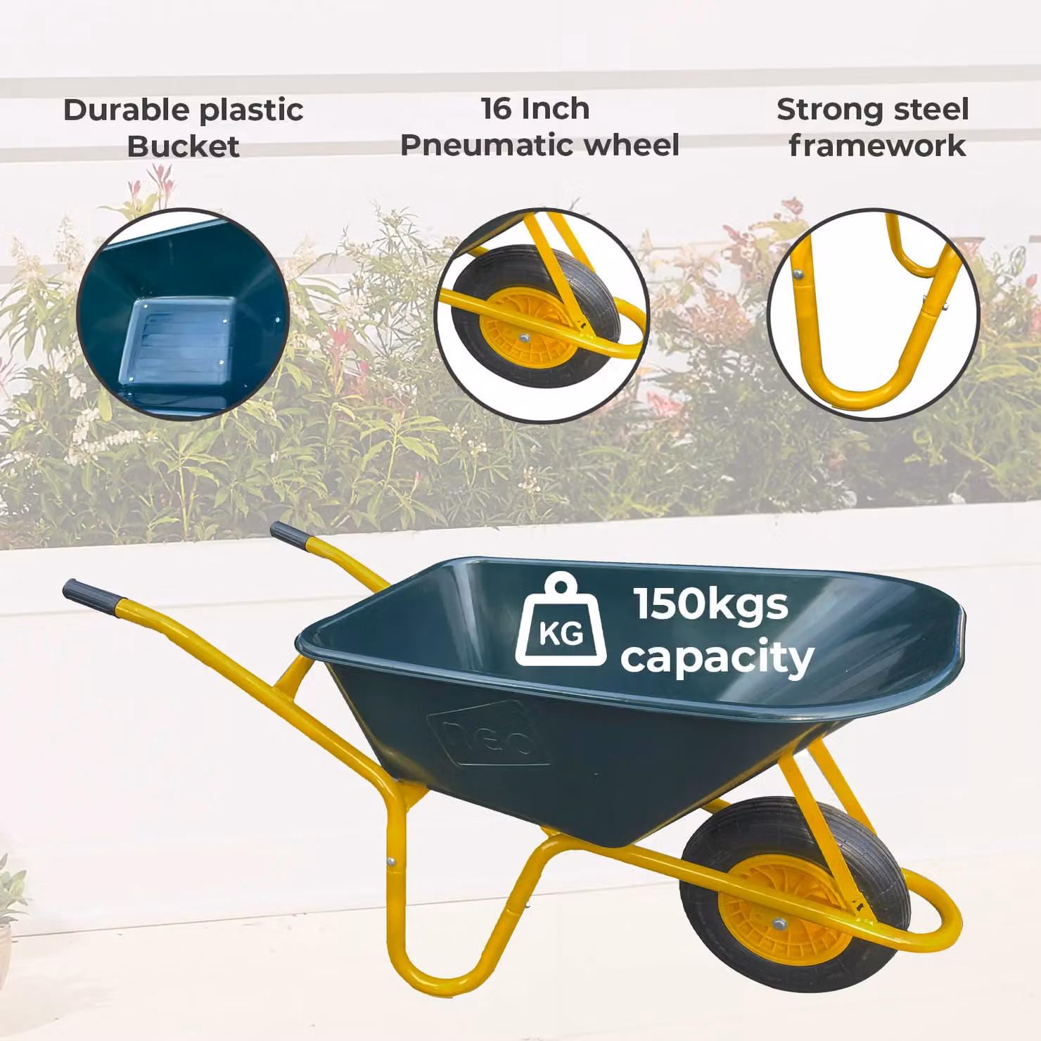 Neo Heavy Duty 110L Plastic Tray Wheelbarrow with Pneumatic Tyre in Dark Green – 4