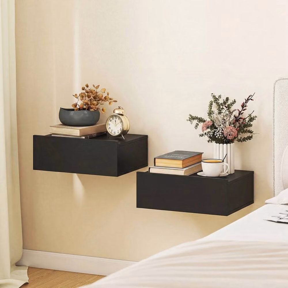 NESTLUNE Set of 2 Wall-Mounted Floating Bedside Tables in Black – 2