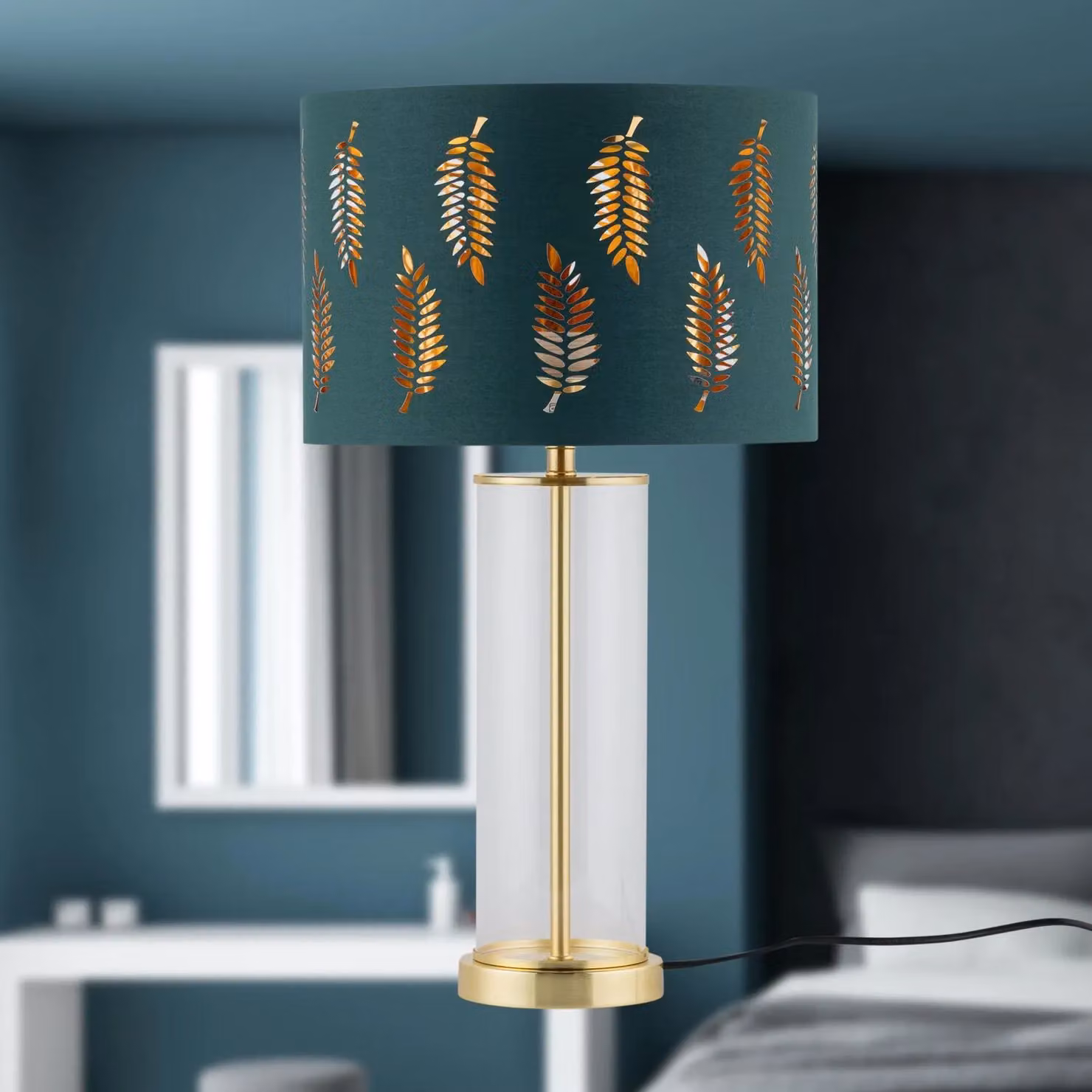 First Choice Lighting Aura Set of 2 Satin Brass Table Lamps with Green Fern Cut Out Glass Shades in Gold – 4