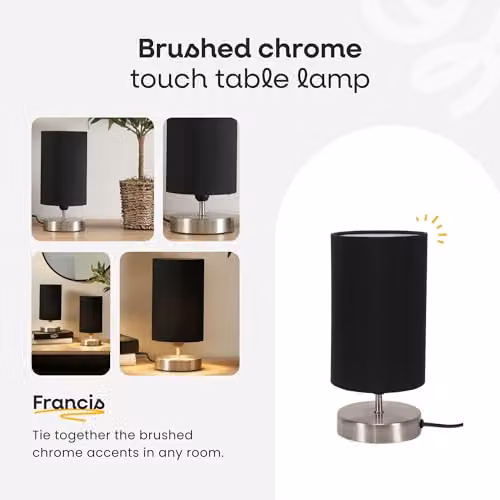ValueLights Francis Dimmable Touch Table Lamp with Black Fabric Shade and Brushed Chrome Finish – 4