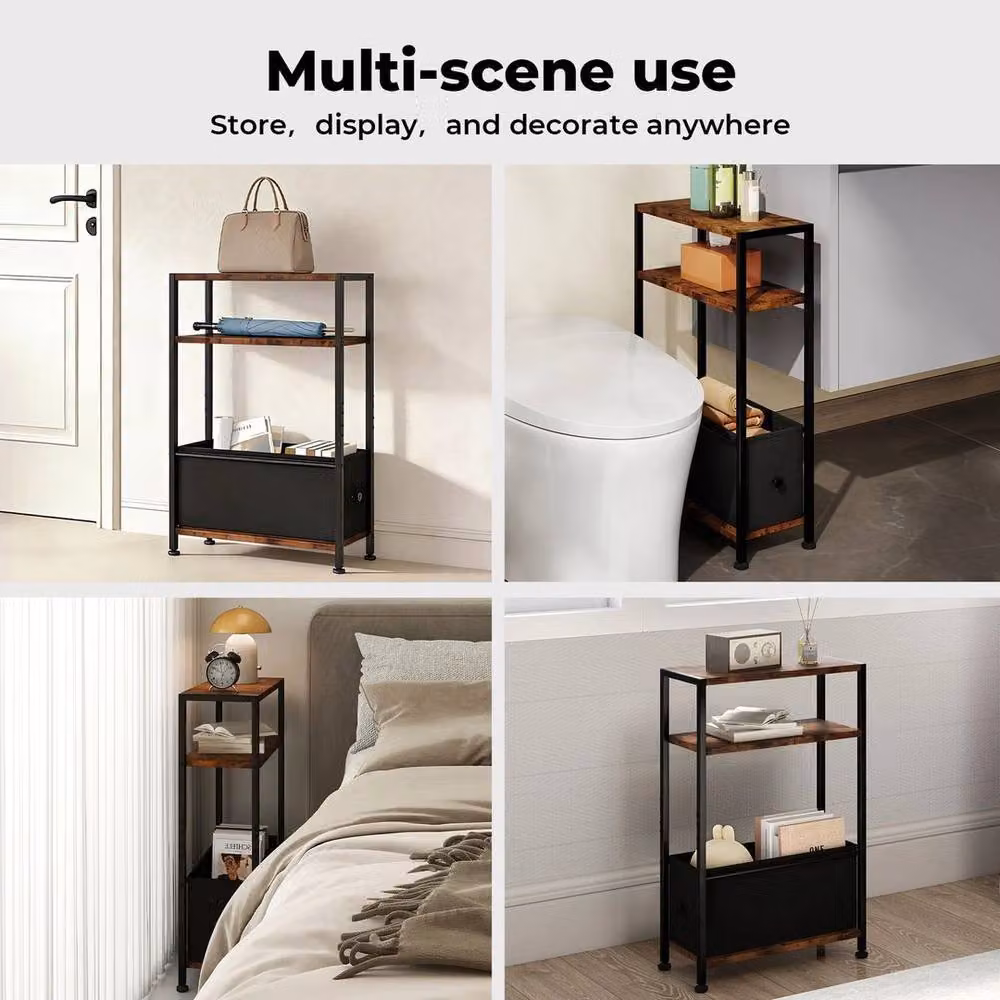 Kelvenix 3 Tier Wooden Oxford Side End Table with Storage Baskets in Brown, W/D/H: 100 x 100 x 66 cm – 4