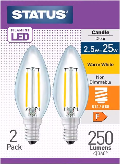 Status Pack of 2 Warm White Vintage LED Filament Candle Bulbs, Transparent, E14 Base