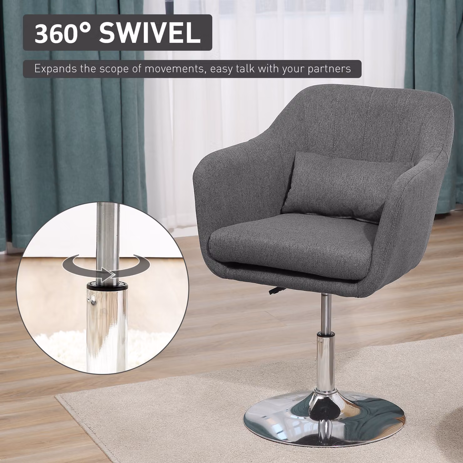 HOMCOM Retro Grey Linen Swivel Tub Chair with Metal Frame and Armrests – 5