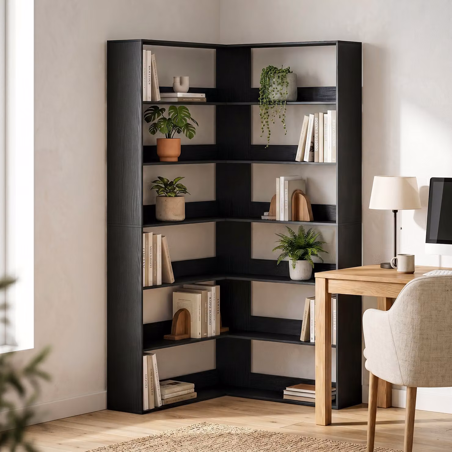 HOMCOM 7-Tier L-Shaped Corner Bookshelf in Black Wood Effect – 2