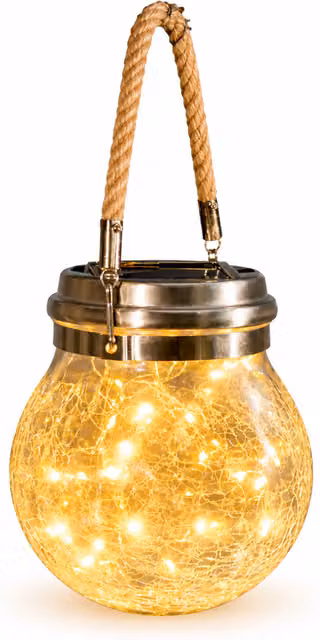 BERPAR Hanging Solar Crackle Glass Light with Warm White LED and Dusk Sensor in Yellow and Gold/Brass