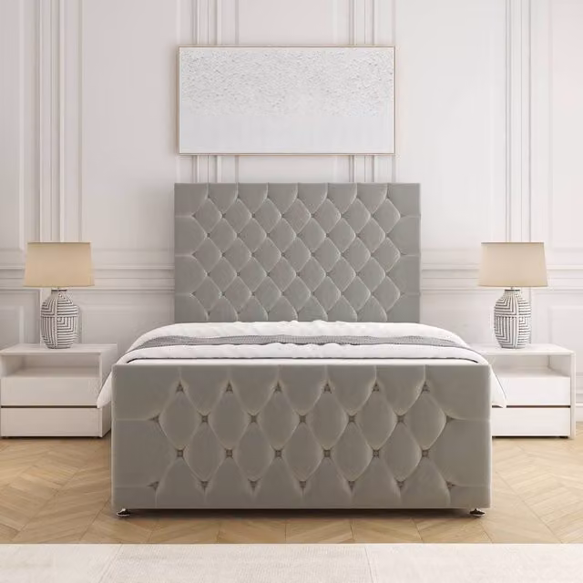 BSSPOKE Maya Plush Super King Divan Bed with Headboard, Footboard and Mattress in Silver Grey Velvet Fabric, W/D/H: 200 x 162.5 x 137 cm